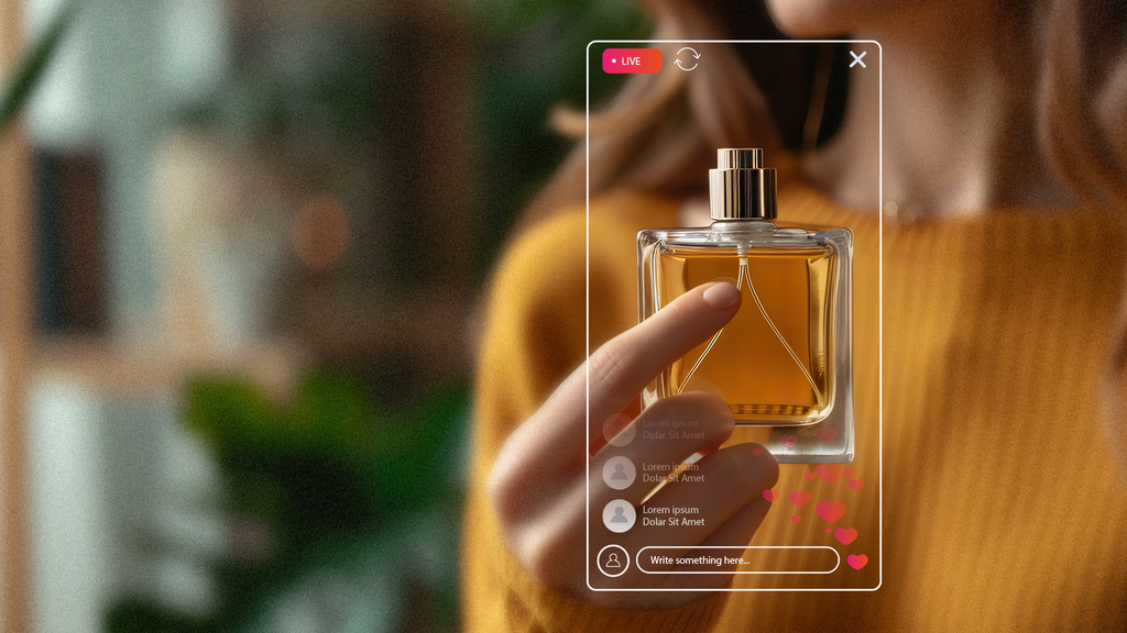 ALTs: Perfume bottles displayed for wholesale reselling Entrepreneur showcasing fragrances on a live stream Authentic tester fragrances for wholesale profits